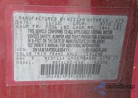 2013 Nissan Sentra Sv from USA, damaged, VIN 3N1AB7AP3DL635471